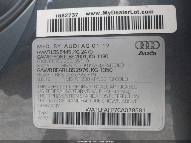 Продаж на аукціоні авто 2012 Audi Q5 2.0t Premium, vin: WA1LFAFP7CA078581, номер лоту: 46145245