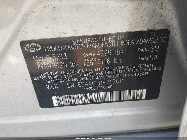 Продаж на аукціоні авто 2013 Hyundai Sonata Gls, vin: 5NPEB4AC6DH717611, номер лоту: 46145256