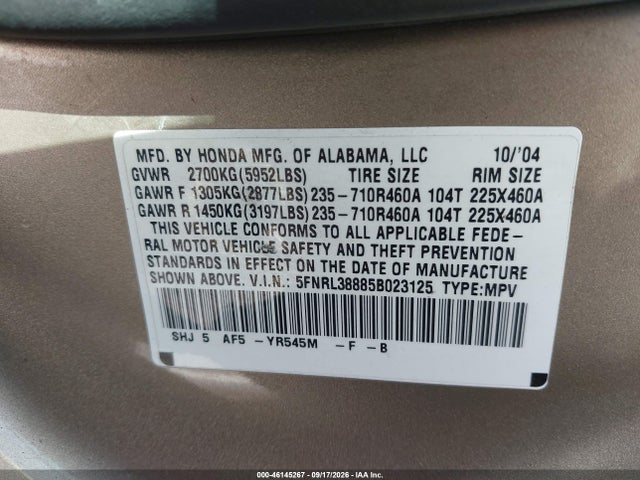 2005 Honda Odyssey Touring მანქანა იყიდება აუქციონზე, vin: 5FNRL38885B023125, აუქციონის ნომერი: 46145267