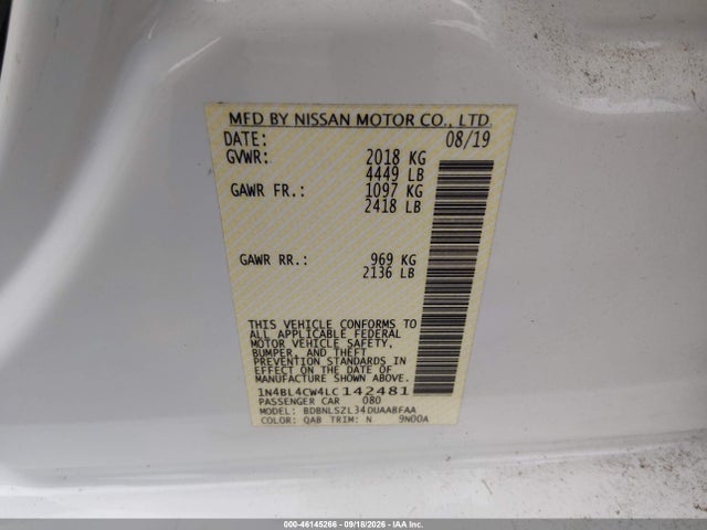 Auction sale of the 2020 Nissan Altima Sr Intelligent Awd, vin: 1N4BL4CW4LC142481, lot number: 46145266