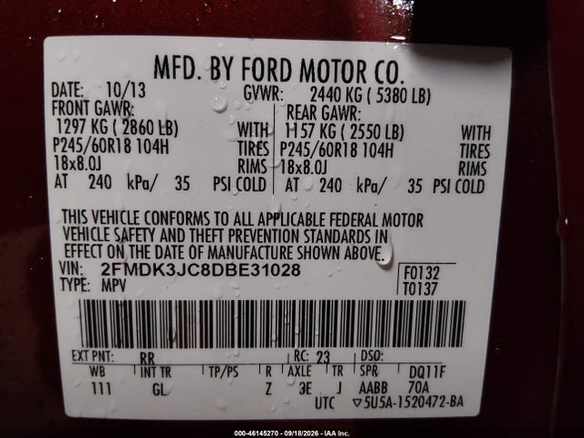 Auction sale of the 2013 Ford Edge Sel, vin: 2FMDK3JC8DBE31028, lot number: 46145270
