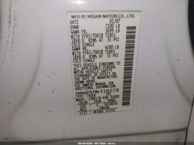 2008 Nissan Titan Se მანქანა იყიდება აუქციონზე, vin: 1N6AA07D78N310278, აუქციონის ნომერი: 46145280
