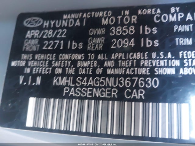 Продажа на аукционе авто 2022 Hyundai Elantra Sel, vin: KMHLS4AG5NU367630, номер лота: 46145282