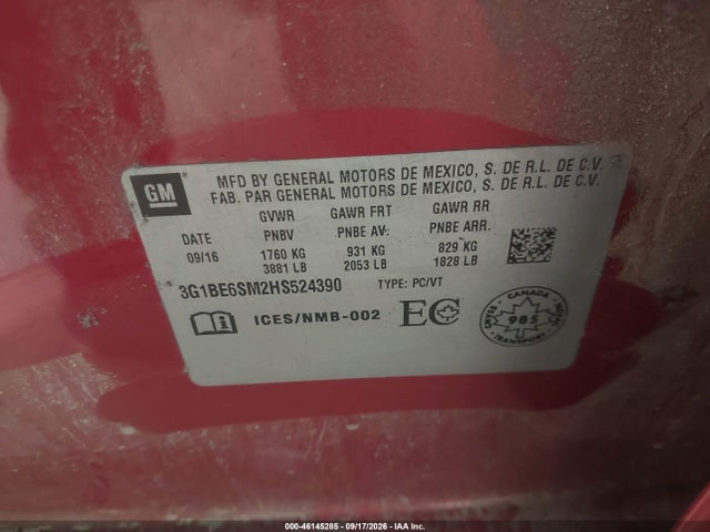 Aukcja sprzedaży 2017 Chevrolet Cruze Lt Auto, vin: 3G1BE6SM2HS524390, numer aukcji: 46145285