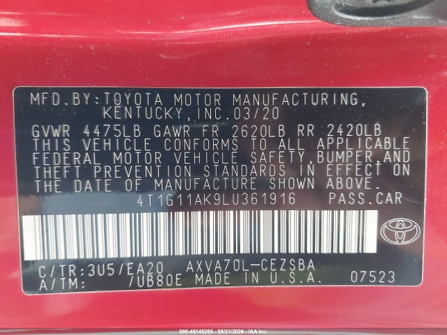 Toyota CAMRY SE 2020 4T1G11AK9LU361916 Image 9
