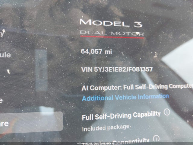 Aukcja sprzedaży 2018 Tesla Model 3 Long Range/performance, vin: 5YJ3E1EB2JF081357, numer aukcji: 46145306
