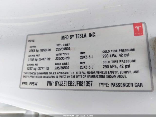 Aukcja sprzedaży 2018 Tesla Model 3 Long Range/performance, vin: 5YJ3E1EB2JF081357, numer aukcji: 46145306