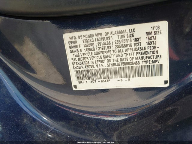 2008 Honda Odyssey Ex-l მანქანა იყიდება აუქციონზე, vin: 5FNRL38758B026463, აუქციონის ნომერი: 46145319