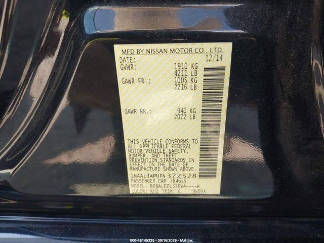 Продаж на аукціоні авто 2015 Nissan Altima 2.5 S, vin: 1N4AL3AP0FN372528, номер лоту: 46145325