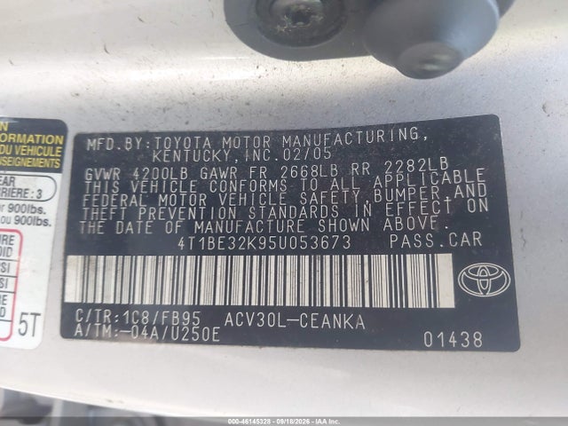 2005 Toyota Camry Std მანქანა იყიდება აუქციონზე, vin: 4T1BE32K95U053673, აუქციონის ნომერი: 46145328
