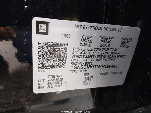 Продажа на аукционе авто 2021 Chevrolet Tahoe Lt, vin: 1GNSCNKD1MR189442, номер лота: 46145334