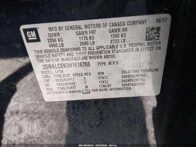 Aukcja sprzedaży 2017 Chevrolet Equinox Lt, vin: 2GNALCEK3H1616760, numer aukcji: 46145343