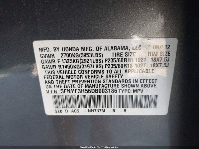 Продажа на аукционе авто 2013 Honda Pilot Ex-l, vin: 5FNYF3H56DB003186, номер лота: 46145344