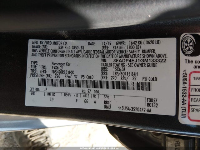 46145345 :رقم المزاد ، 3FADP4EJ1GM133322 vin ، 2016 Ford Fiesta Se مزاد بيع