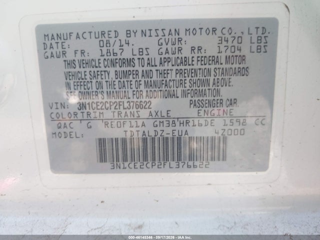 2015 Nissan Versa Note S (sr)/s Plus/sl/sr/sv მანქანა იყიდება აუქციონზე, vin: 3N1CE2CP2FL376622, აუქციონის ნომერი: 46145346