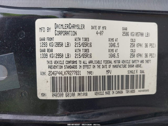 Aukcja sprzedaży 2007 Dodge Grand Caravan Sxt, vin: 2D4GP44LX7R277831, numer aukcji: 46145357