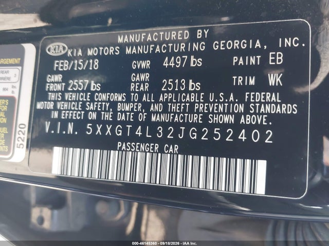 2018 Kia Optima Lx მანქანა იყიდება აუქციონზე, vin: 5XXGT4L32JG252402, აუქციონის ნომერი: 46145360