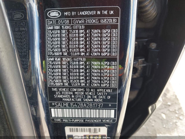 2008 Land Rover Range Rover Hse მანქანა იყიდება აუქციონზე, vin: SALME15428A281737, აუქციონის ნომერი: 46145376