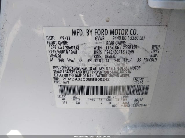 46145387 :رقم المزاد ، 2FMDK3JC3BBB00242 vin ، 2011 Ford Edge Sel مزاد بيع