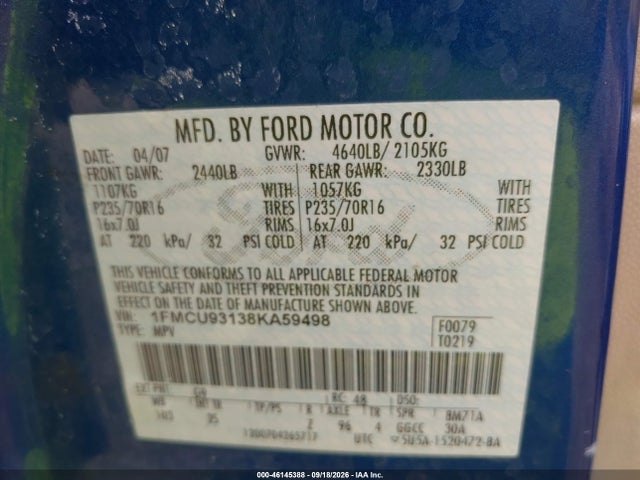 Aukcja sprzedaży 2008 Ford Escape Xlt, vin: 1FMCU93138KA59498, numer aukcji: 46145388