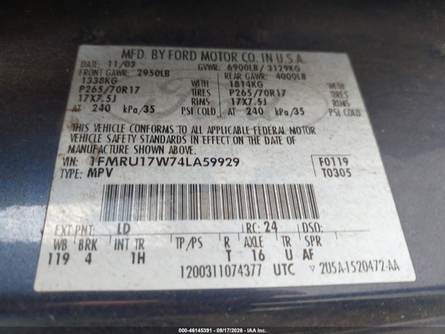 Продажа на аукционе авто 2004 Ford Expedition Eddie Bauer, vin: 1FMRU17W74LA59929, номер лота: 46145391
