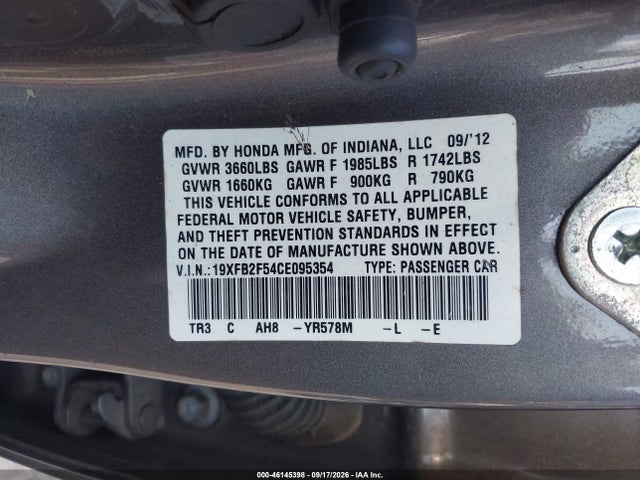 Aukcja sprzedaży 2012 Honda Civic Lx, vin: 19XFB2F54CE095354, numer aukcji: 46145398