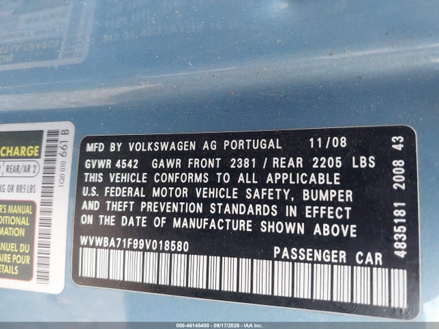 46145400 :رقم المزاد ، WVWBA71F99V018580 vin ، 2009 Volkswagen Eos Komfort مزاد بيع