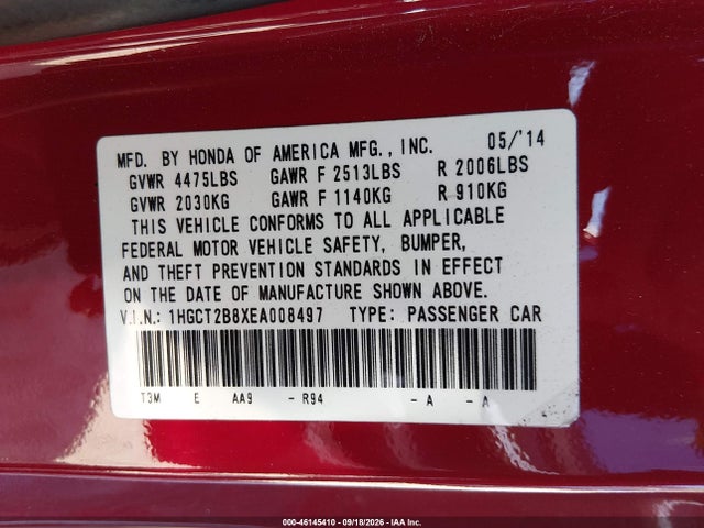 46145410 :رقم المزاد ، 1HGCT2B8XEA008497 vin ، 2014 Honda Accord Ex-l V-6 مزاد بيع