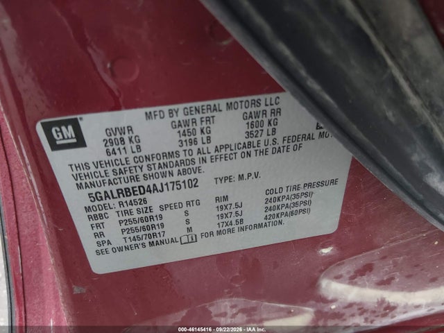 Aukcja sprzedaży 2010 Buick Enclave 1xl, vin: 5GALRBED4AJ175102, numer aukcji: 46145416