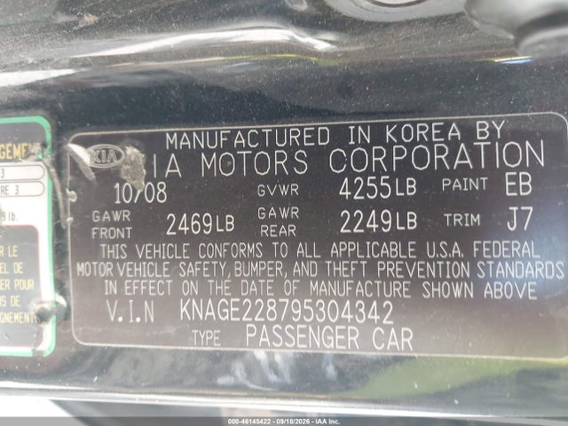 Продажа на аукционе авто 2009 Kia Optima Lx, vin: KNAGE228795304342, номер лота: 46145422
