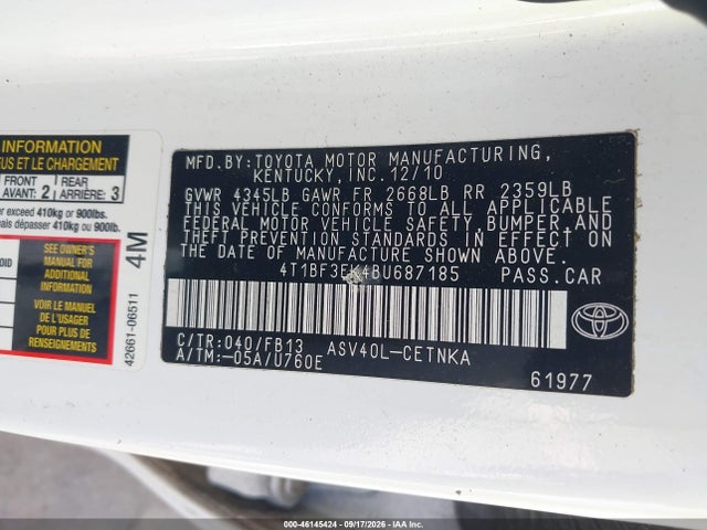 Продаж на аукціоні авто 2011 Toyota Camry Le, vin: 4T1BF3EK4BU687185, номер лоту: 46145424