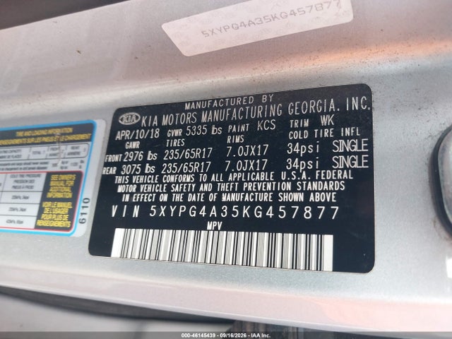 46145439 :رقم المزاد ، 5XYPG4A35KG457877 vin ، 2019 Kia Sorento 2.4l L مزاد بيع