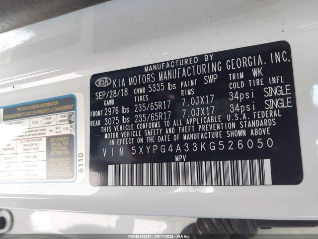 KIA Sorento 2.4l Lx 2019 5XYPG4A33KG526050 Image 9