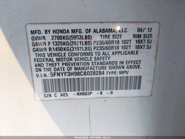 Продаж на аукціоні авто 2012 Honda Pilot Touring, vin: 5FNYF3H98CB028284, номер лоту: 46145452