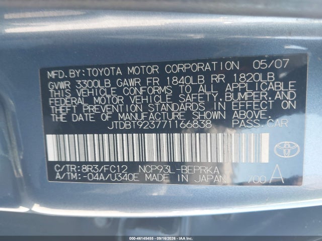 46145455 :رقم المزاد ، JTDBT923771166838 vin ، 2007 Toyota Yaris مزاد بيع
