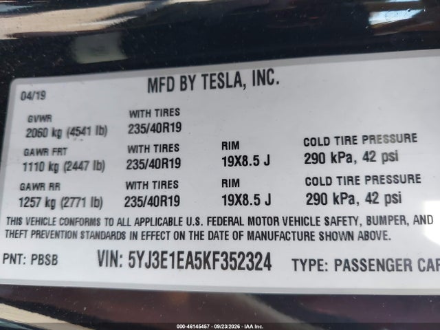 2019 Tesla Model 3 Long Range/mid Range/standard Range/standard Range Plus მანქანა იყიდება აუქციონზე, vin: 5YJ3E1EA5KF352324, აუქციონის ნომერი: 46145457