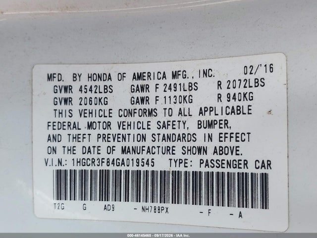 Продаж на аукціоні авто 2016 Honda Accord Ex-l V-6, vin: 1HGCR3F84GA019545, номер лоту: 46145465