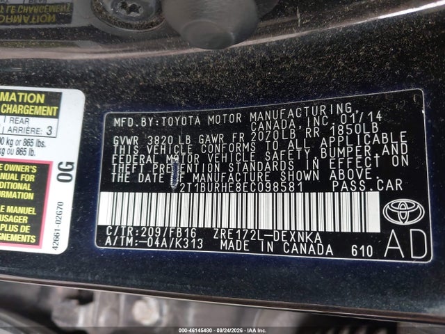 Aukcja sprzedaży 2014 Toyota Corolla Le, vin: 2T1BURHE8EC098581, numer aukcji: 46145480