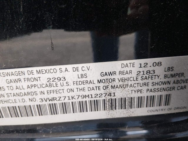46145485 :رقم المزاد ، 3VWRZ71K79M122741 vin ، 2009 Volkswagen Jetta Se مزاد بيع