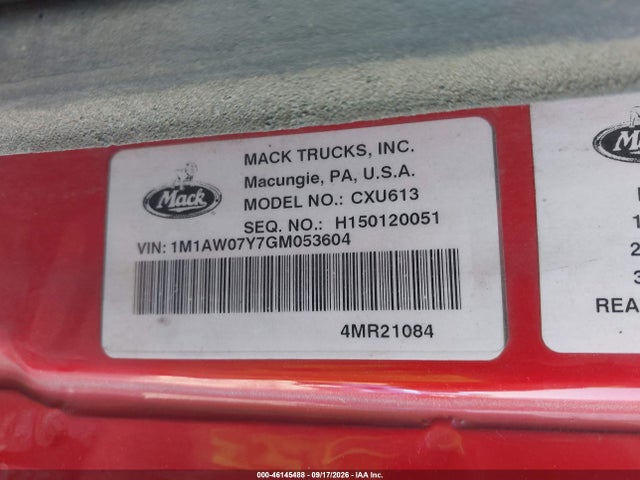 Aukcja sprzedaży 2016 Mack 600 Cxu600, vin: 1M1AW07Y7GM053604, numer aukcji: 46145488
