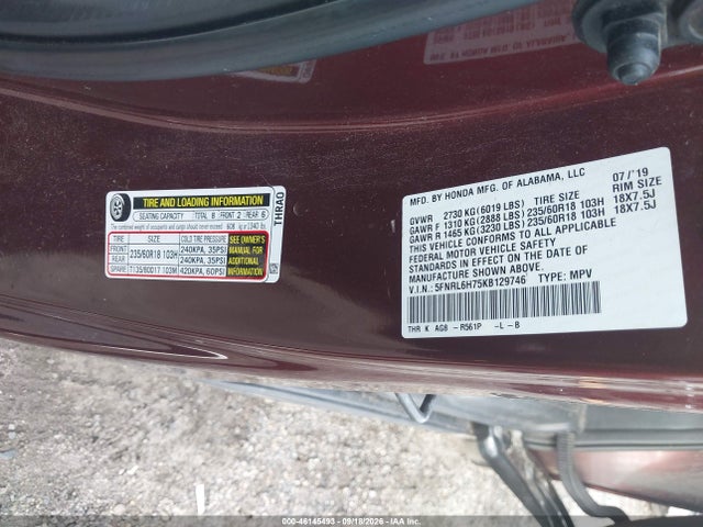 46145493 :رقم المزاد ، 5FNRL6H75KB129746 vin ، 2019 Honda Odyssey Ex-l مزاد بيع