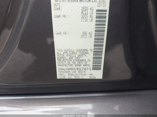 Продажа на аукционе авто 2015 Nissan Altima 2.5 S, vin: 1N4AL3AP6FN917471, номер лота: 46145514