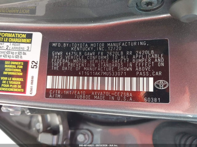 2021 Toyota Camry Se მანქანა იყიდება აუქციონზე, vin: 4T1G11AK7MU533071, აუქციონის ნომერი: 46145521