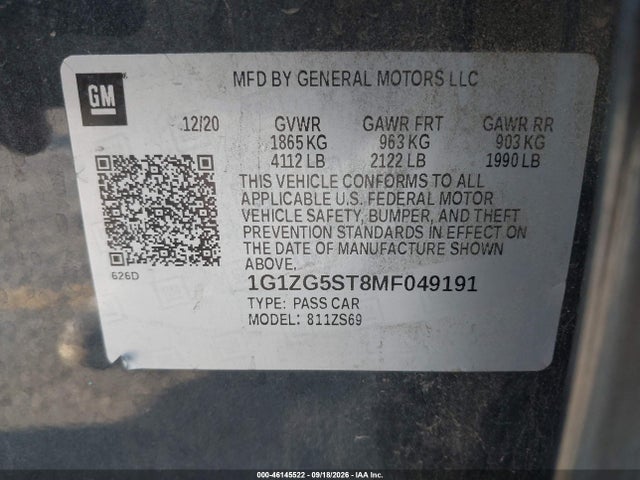 46145522 :رقم المزاد ، 1G1ZG5ST8MF049191 vin ، 2021 Chevrolet Malibu Fwd Rs مزاد بيع