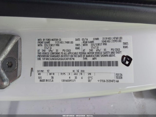 Aukcja sprzedaży 2016 Ford Escape Se, vin: 1FMCU9GX2GUC81578, numer aukcji: 46145538