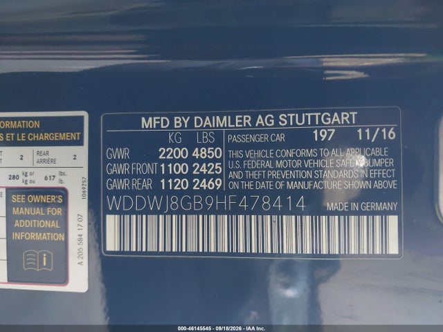 Aukcja sprzedaży 2017 Mercedes-benz Amg C 63, vin: WDDWJ8GB9HF478414, numer aukcji: 46145545