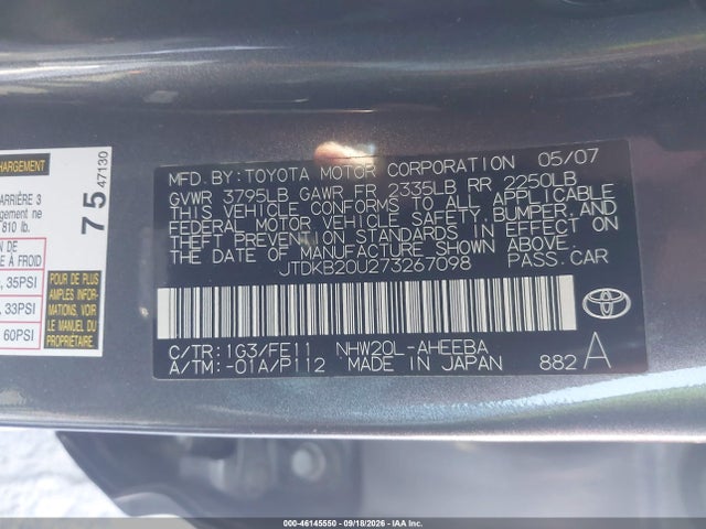 Продажа на аукционе авто 2007 Toyota Prius, vin: JTDKB20U273267098, номер лота: 46145550