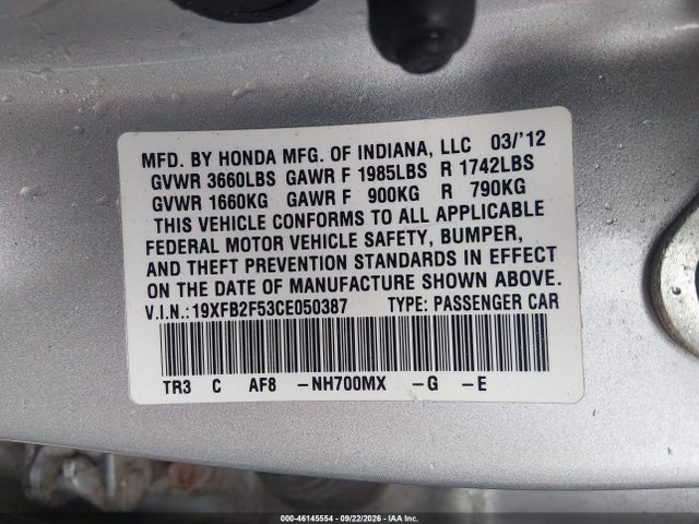 2012 Honda Civic Lx მანქანა იყიდება აუქციონზე, vin: 19XFB2F53CE050387, აუქციონის ნომერი: 46145554