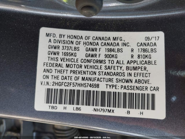 Продаж на аукціоні авто 2017 Honda Civic Lx, vin: 2HGFC2F57HH574698, номер лоту: 46145560