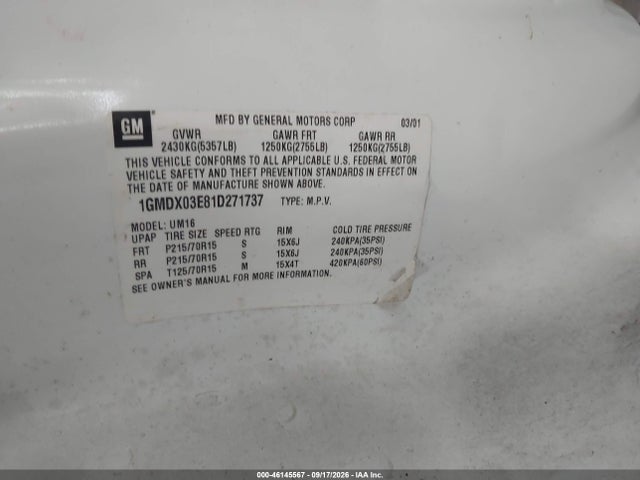 Продажа на аукционе авто 2001 Pontiac Montana M16 W/1se Pkg., vin: 1GMDX03E81D271737, номер лота: 46145567